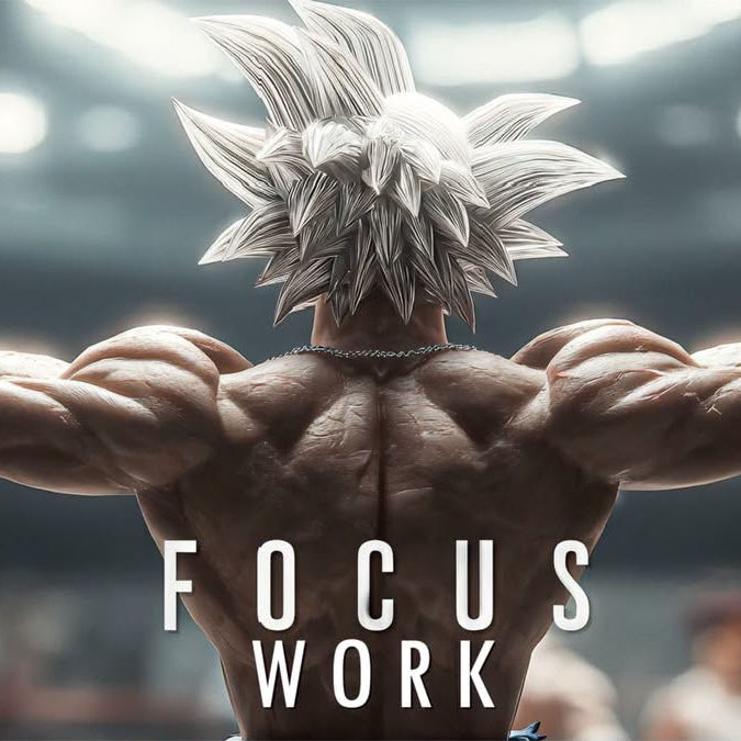 Muscular figure with 'Focus Work' text in a dark, possibly sports arena setting